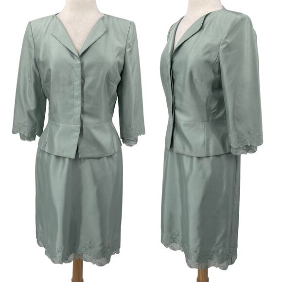 Kay Unger Silk Skirt Suit Set Embroidered Floral Semi Sheer Trim Mint Womens 8 - Picture 1 of 13
